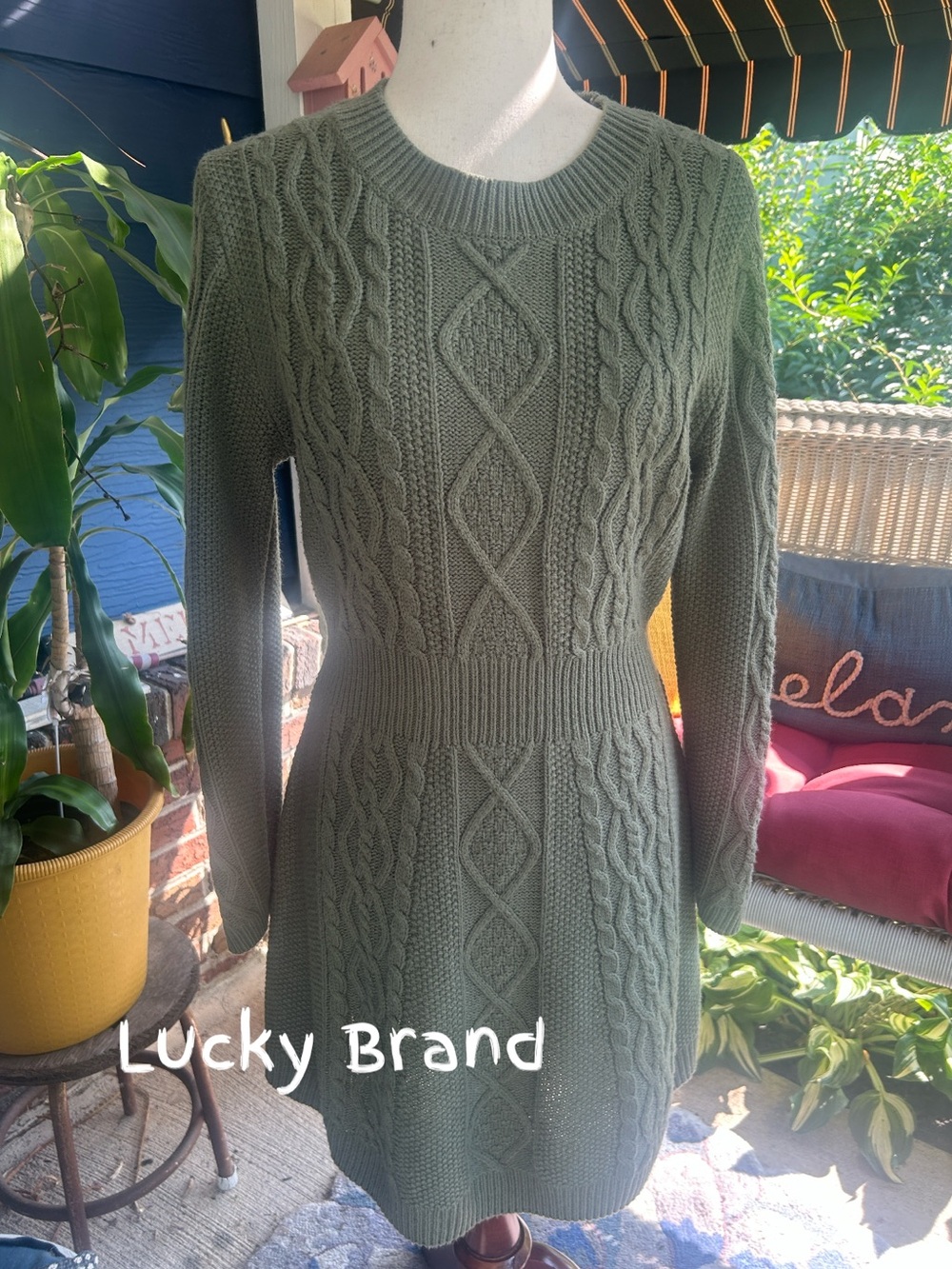 Olive Cable Knit Long Sleeve Sweater Dress
